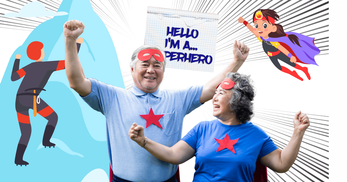 older couple in blue t-shirts with big red stars on their chest wearing capes and red eye masks, a cartoon wonderwoman flies through the air while a cartoon rock climber scales a peak and the words "Hello I'm a Superhero is in the background for post titled 6 Fun and Silly Journaling Ideas 