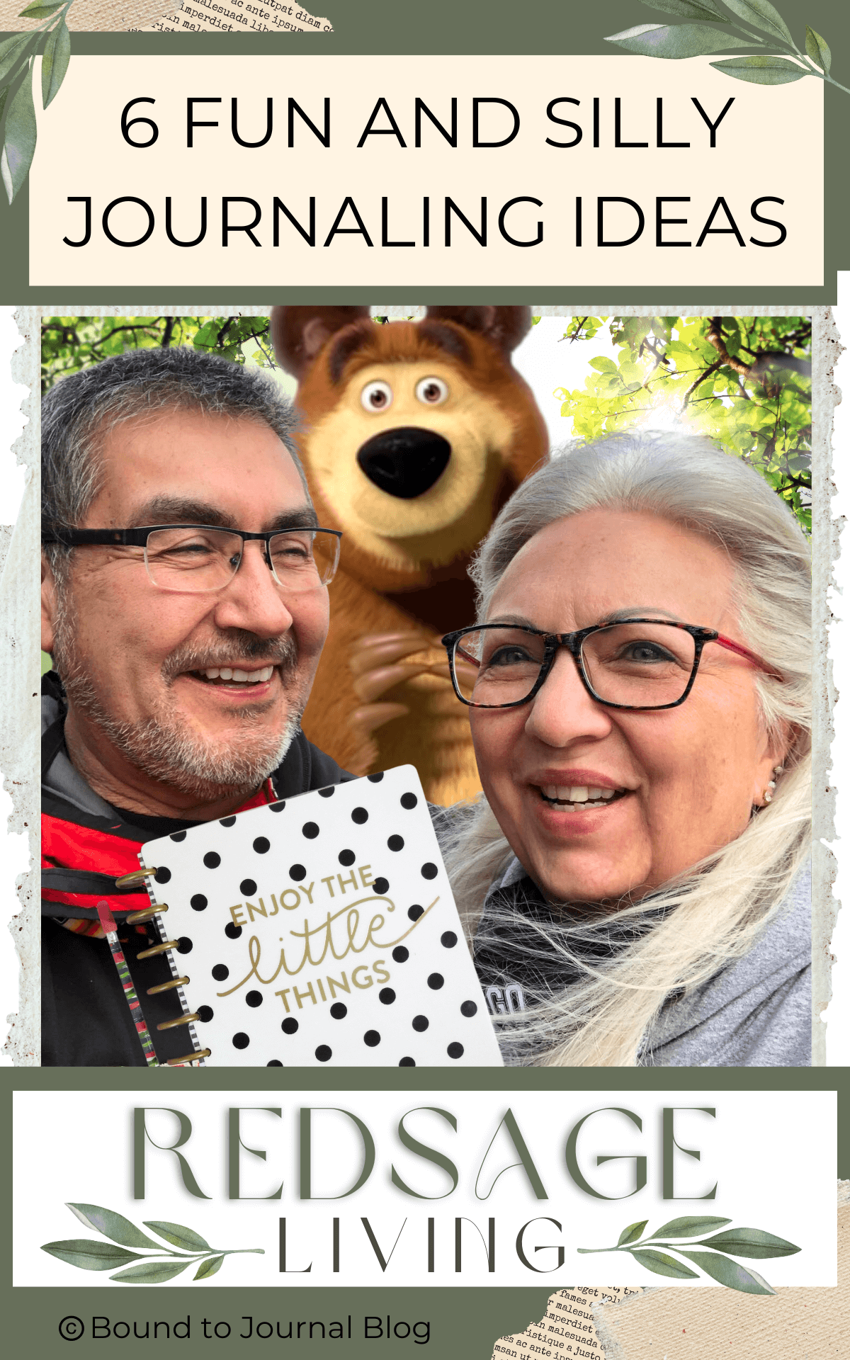 Allen & Lisa, Cofounders of BoundtoJournal, are laughing holding polka dot journals with a cartoon bear behind them for a post titled 6 Fun and Silly Journaling Ideas 