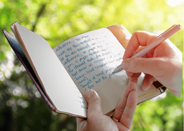 Hands holding and writing in journal while out in sunny nature setting for post titled Let Weather Folklore Inspire Your Journal Entries
