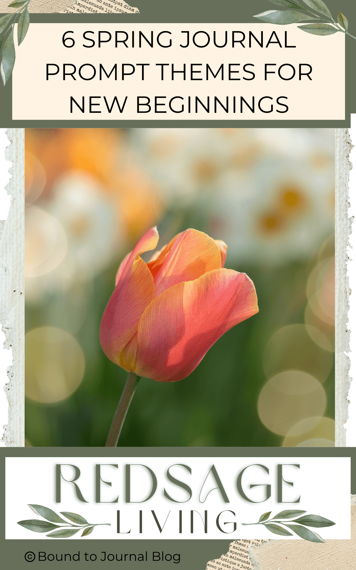 Peach colored tulip with blurred greens in the background for post titled 6 Spring Journal Prompt Themes for New Beginnings