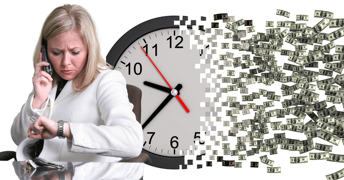 An upset woman checking her watch next to a clock that is disintegrating into money for post titled  7 Hidden Journaling Hurdles: Uncovering Why Many Hesitate to Start 