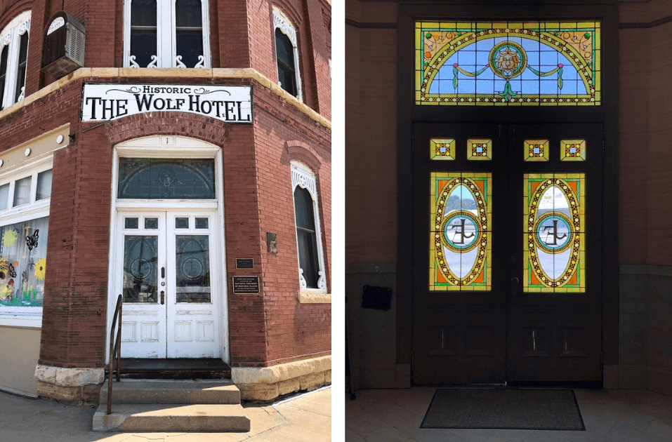 The Wolf Hotel in Ellinwood, KS, side and front door with stained glass for latest post called Underground History, Mystery, and Curiosity-Inspired Journaling
