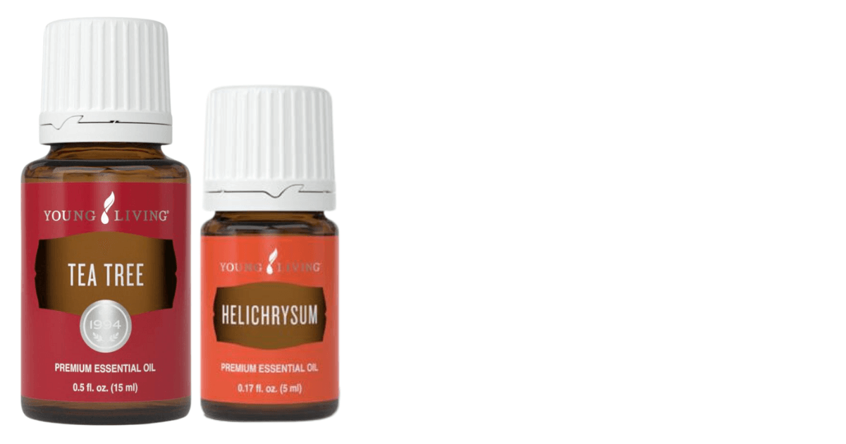 A bottle of Young Living Tea Tree and helichrysum essential oils for a post titled Essential Oils for Every Outdoor Adventure: Your Natural Toolkit