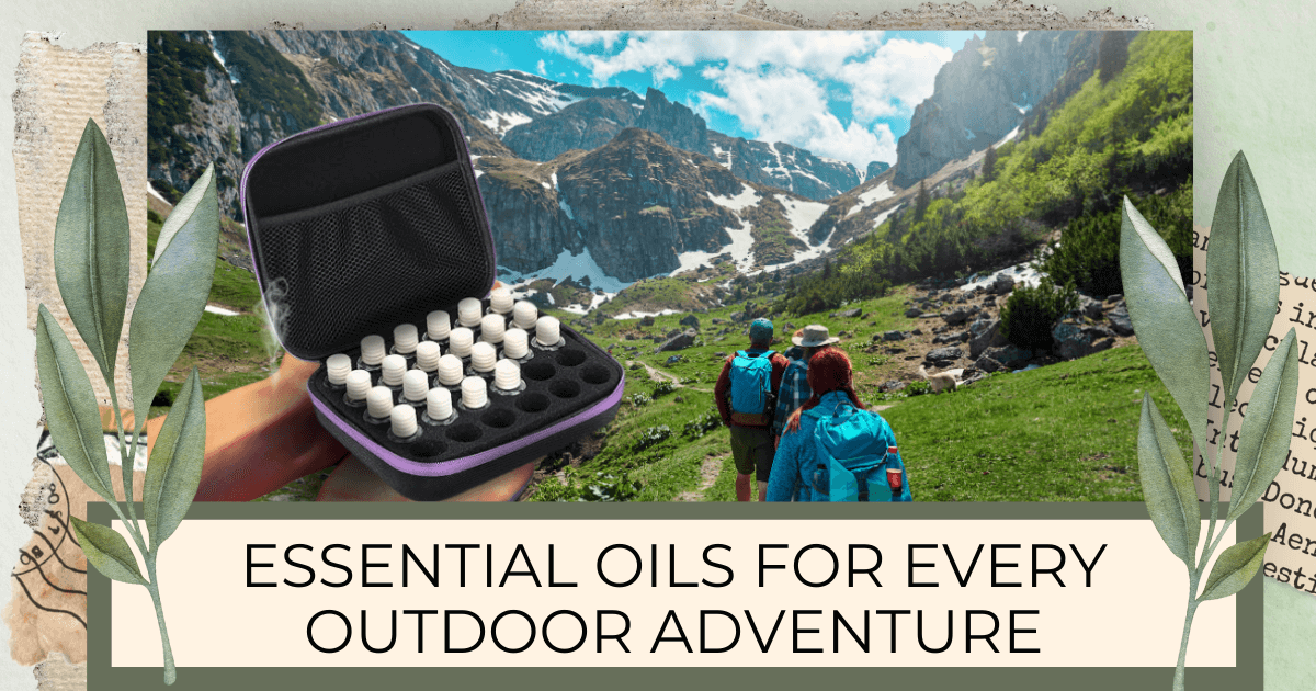 A beautiful mountain scene with several hikers and two arms holding out an open essential oil bottle case filled with oils for a post titled Essential Oils for Every Outdoor Adventure: Your Natural Toolkit