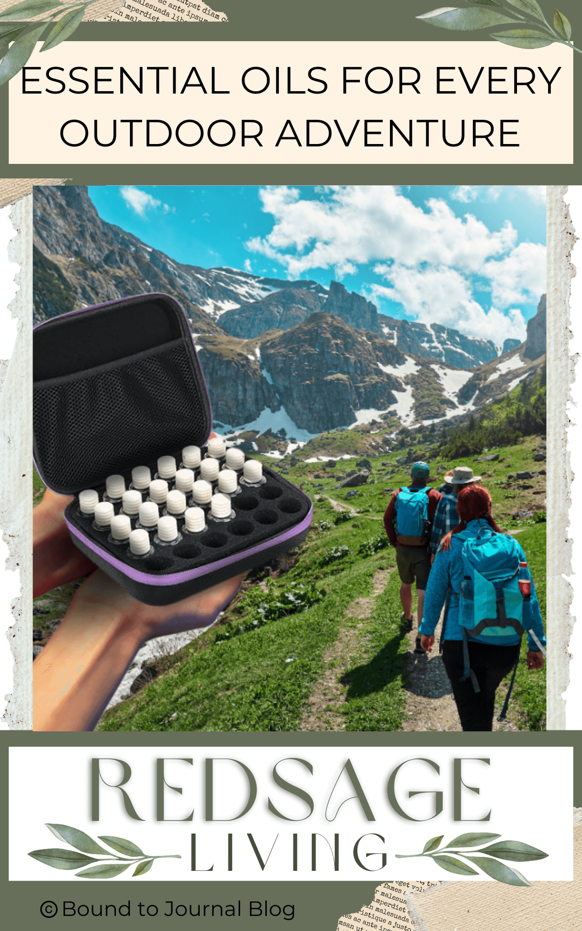 A beautiful mountain scene with several hikers and two arms holding out an open essential oil bottle case filled with oils for a post titled Essential Oils for Every Outdoor Adventure: Your Natural Toolkit