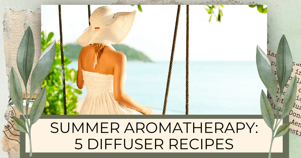 Woman sitting outside on tree swing facing the ocean for a blog post titled Summer Aromatherapy: 5 Diffuser Recipes