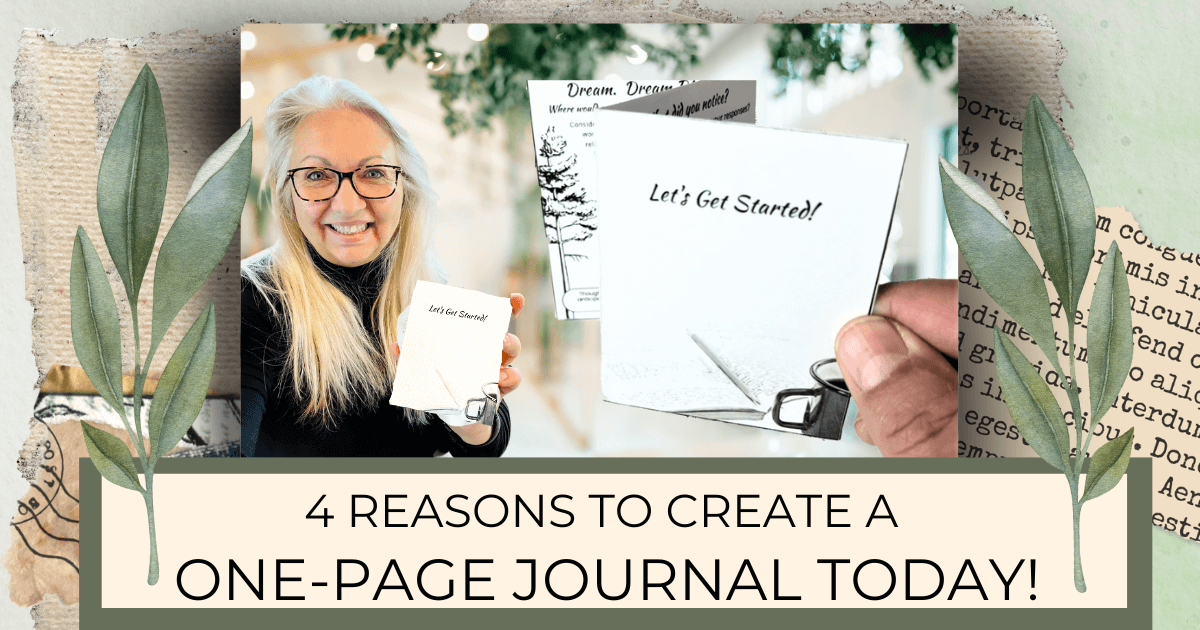Lisa holding a one-page journal and Allen's hand holding a folded finished version in his hand for a new blog post titled 4 Reasons to Create a One-Page Journal Today!