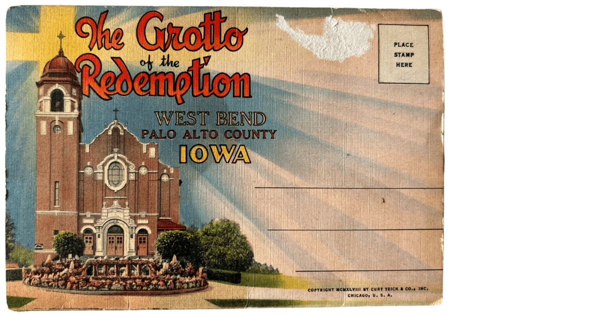 Antique accordian postcard cover from the Grotto of Redemption in West Bend, Iowa for blog post titled Antique Postcard Sparks Sacred Grotto Journaling Adventure