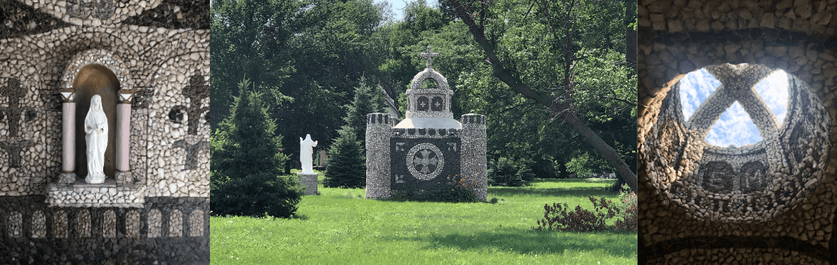 Grotto of Saint Peter, located in Farmer, SD, interior and exterior images for blog post titled antique postcard Sparks Sacred Grotto Journaling Adventure