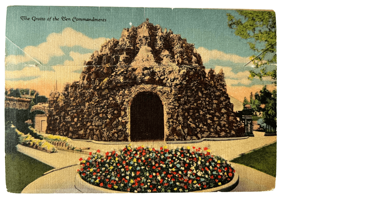 Image from the original antique accordian postcard of one of the original grottoes for the blog post titled Antique Postcard Sparks Sacred Grotto Journaling Adventure