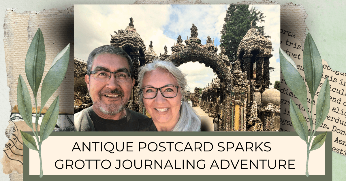 Allen & Lisa, authors, selfie in front of the Grotto of Redemption for a blog post titled Antique Postcard Sparks Sacred Grotto Journaling Adventure