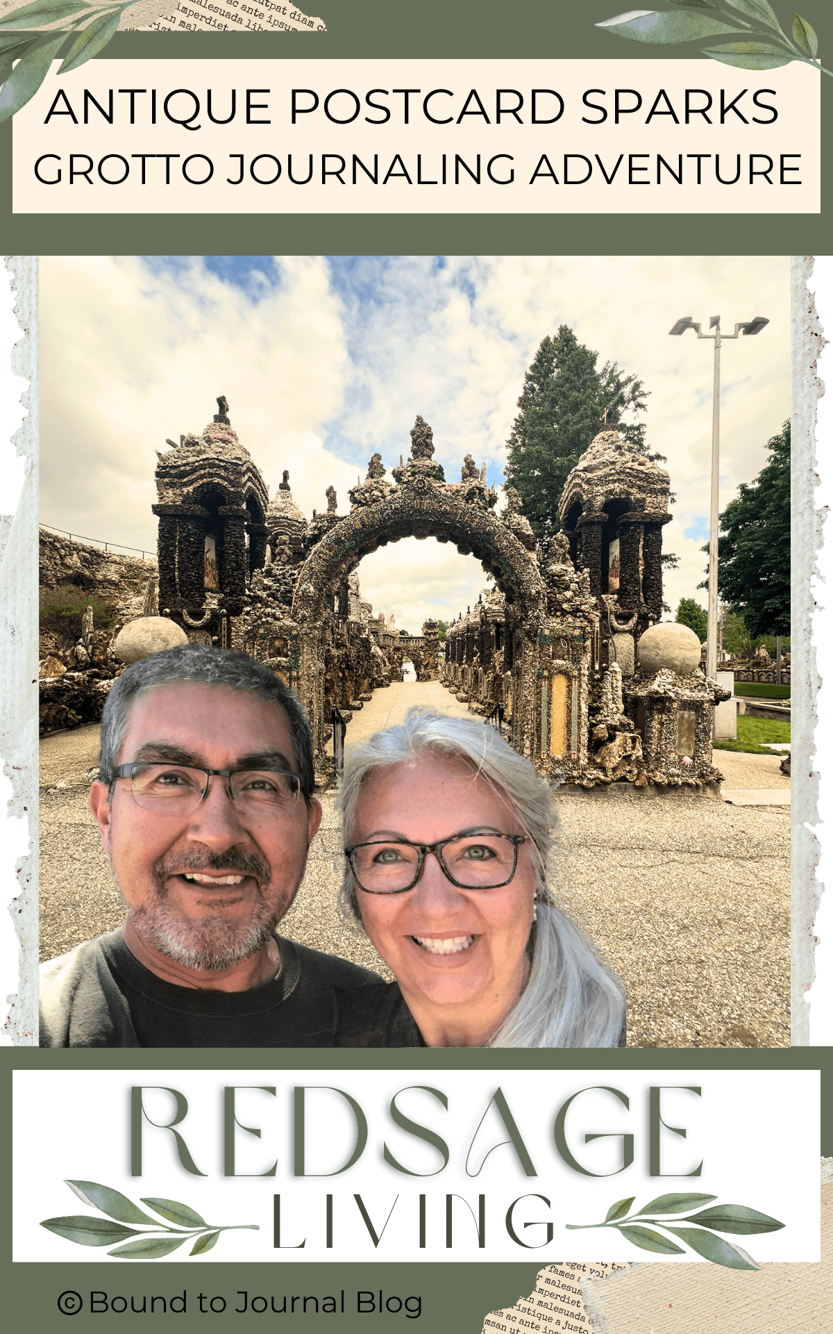 Allen & Lisa, authors, selfie in front of the Grotto of Redemption for a blog post titled Antique Postcard Sparks Sacred Grotto Journaling Adventure