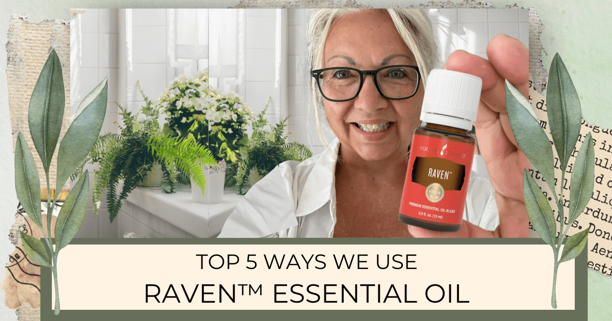 Lisa holding a bottle of Raven in a bright white natural light area for blog post titled Top 5 Ways We Use Raven™ Essential Oil 