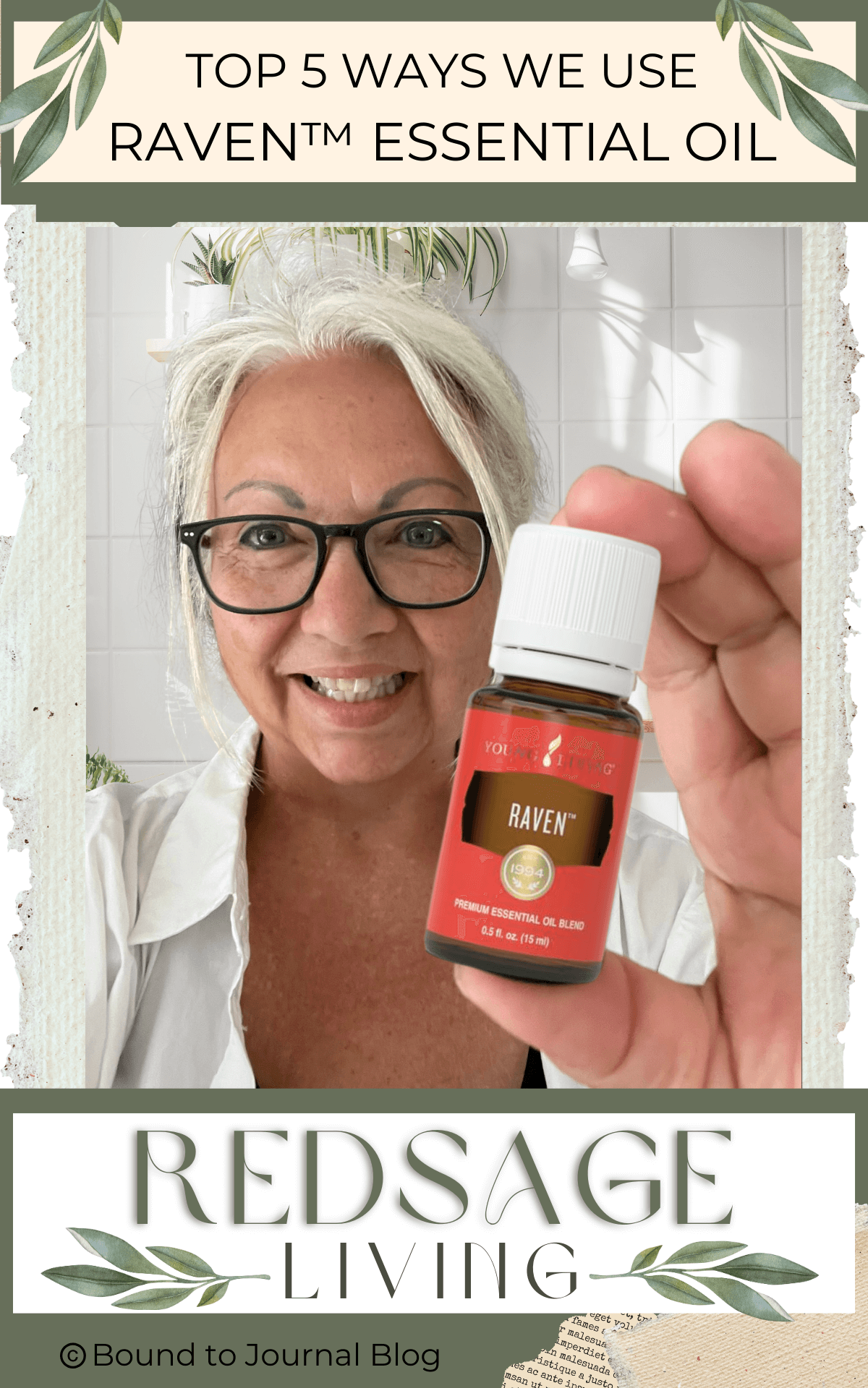 Lisa holding a bottle of Raven in a bright white natural light area for blog post titled Top 5 Ways We Use Raven™ Essential Oil 