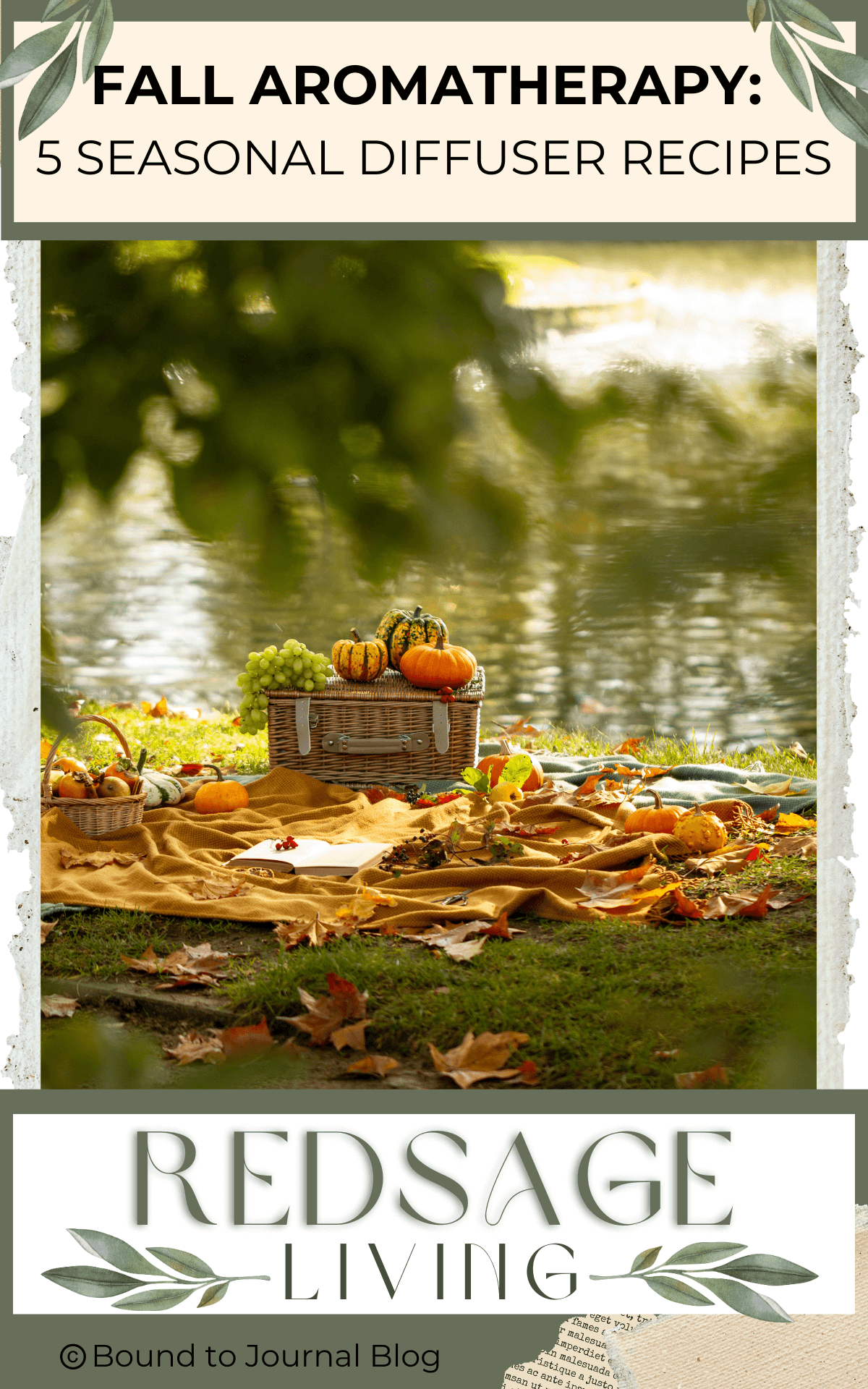 A picnic basket with pumpkins on top, sitting next to a stream on a blanket with fall leaves all around for a Bound to Journal blog post titled Fall Aromatherapy: 5 Seasonal Diffuser Recipes 