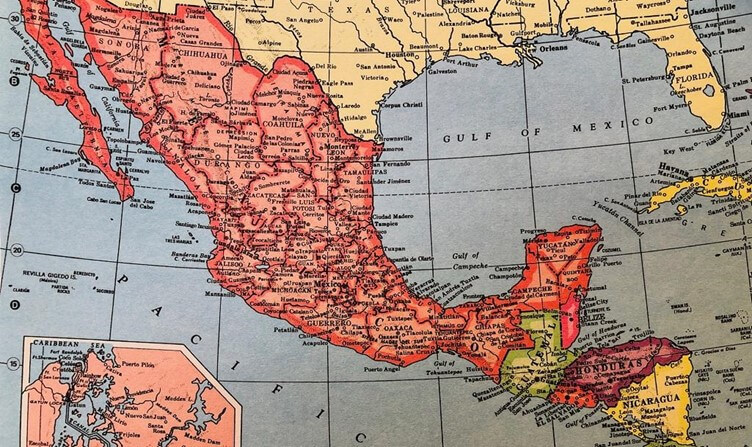  A map showing part of the US, all of Mexico, and into Central America for a Bound to Journal blog post titled Never There Long - A Journal Series: The Red Pickup Truck, Part 1 