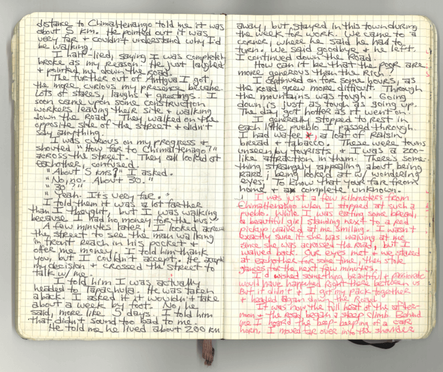   An actual page from Jordan Hofers travel journal is the text for most of the new Bound to Journal blog post  Journaling Series titled Never There Long - A Journal Series: The Red Pickup Truck, Part  2