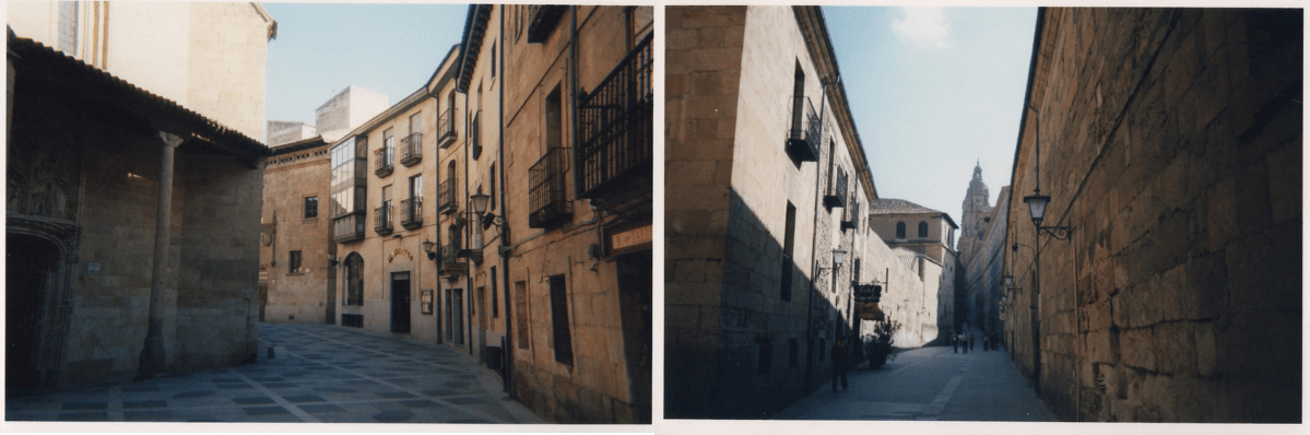  Two views of the narrow ancient street on my walk to my University in Spain  for a blog post titled Never There Long - a journal series, Iberian Peninsula part 1