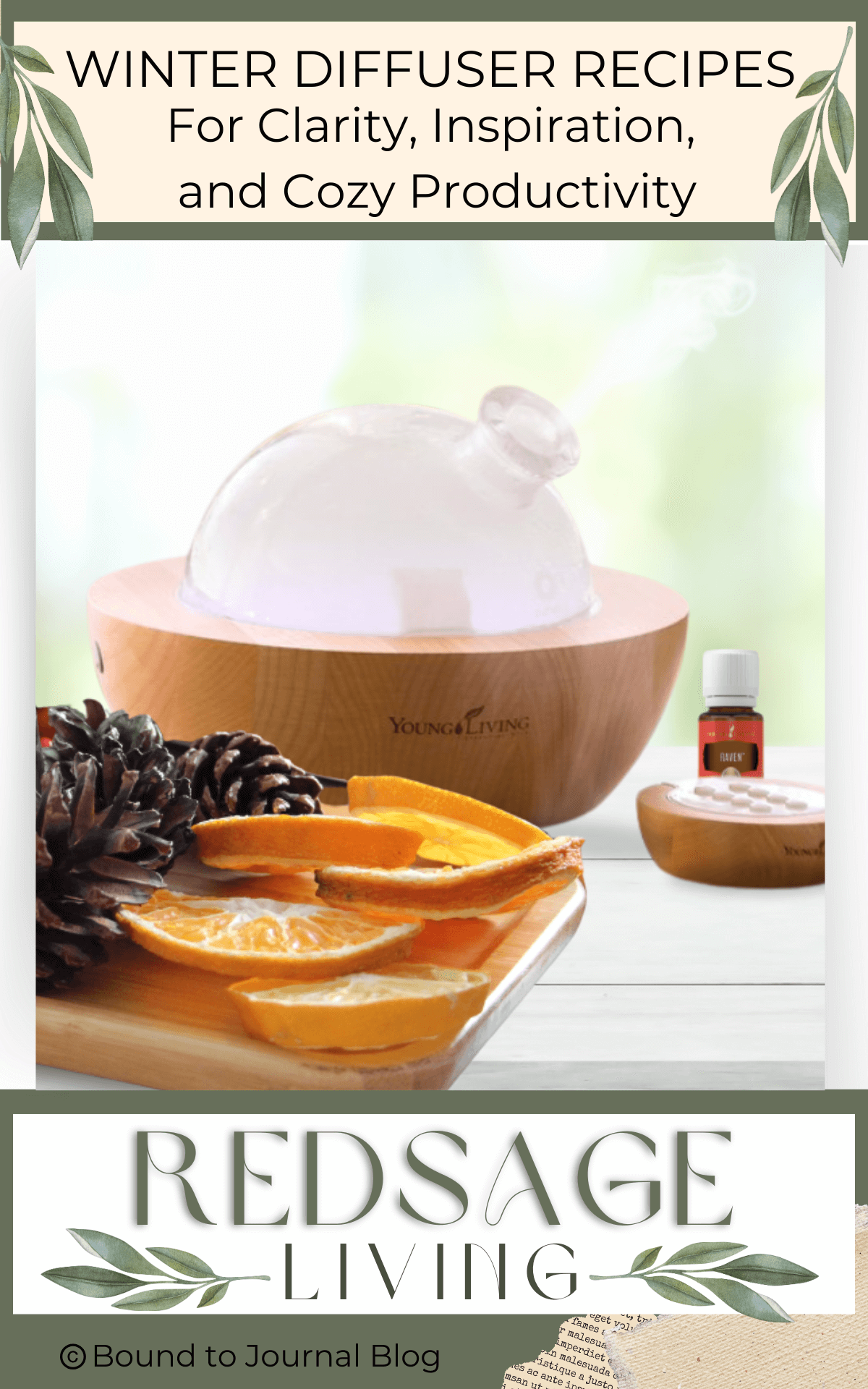 Young living Aria diffuser, an essential oil, and a tray of hot tea, pinecones and sliced oranges on a white countertop for a blog post titled Winter Diffuser Recipes for Clarity, Inspiration, and Cozy Productivity