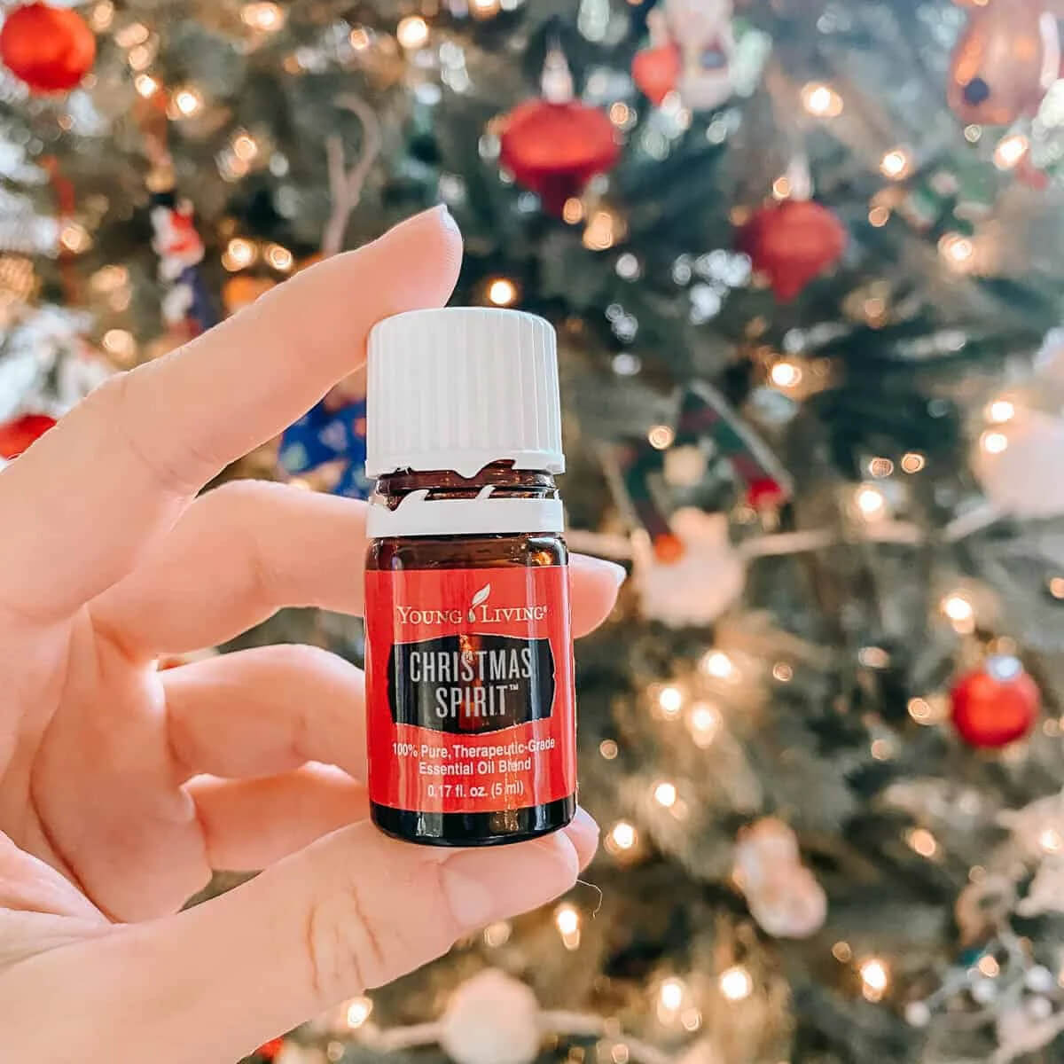  A hand holding a bottle of Young Living Christmas Spirit essential oil in front of a decorated christmas tree  A bottle of young living myrrh essential oil near a gold christmas ornament and branches from an evergreen in the background for a blog post titled Ancient Oils: The Perfect Companion for Holiday Journaling 