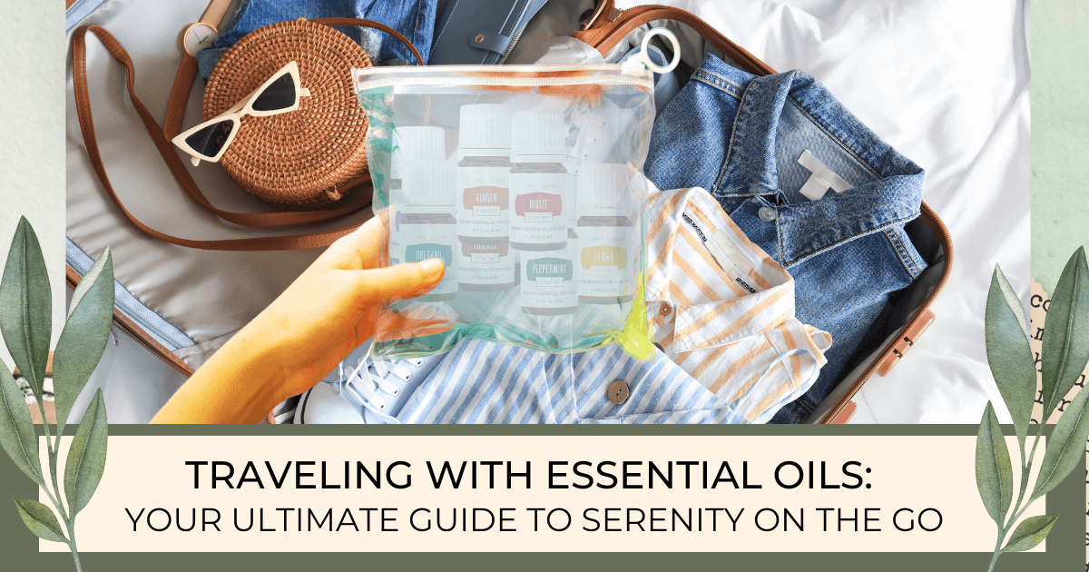 An open suitcase on a bed and a hand holding a clear travel container for liquids filled with young living essential oils in her hand about to add them to her suitcase for our Bound to Journal blog post titled Traveling with Essential Oils: Your Ultimate Guide to Serenity on the Go