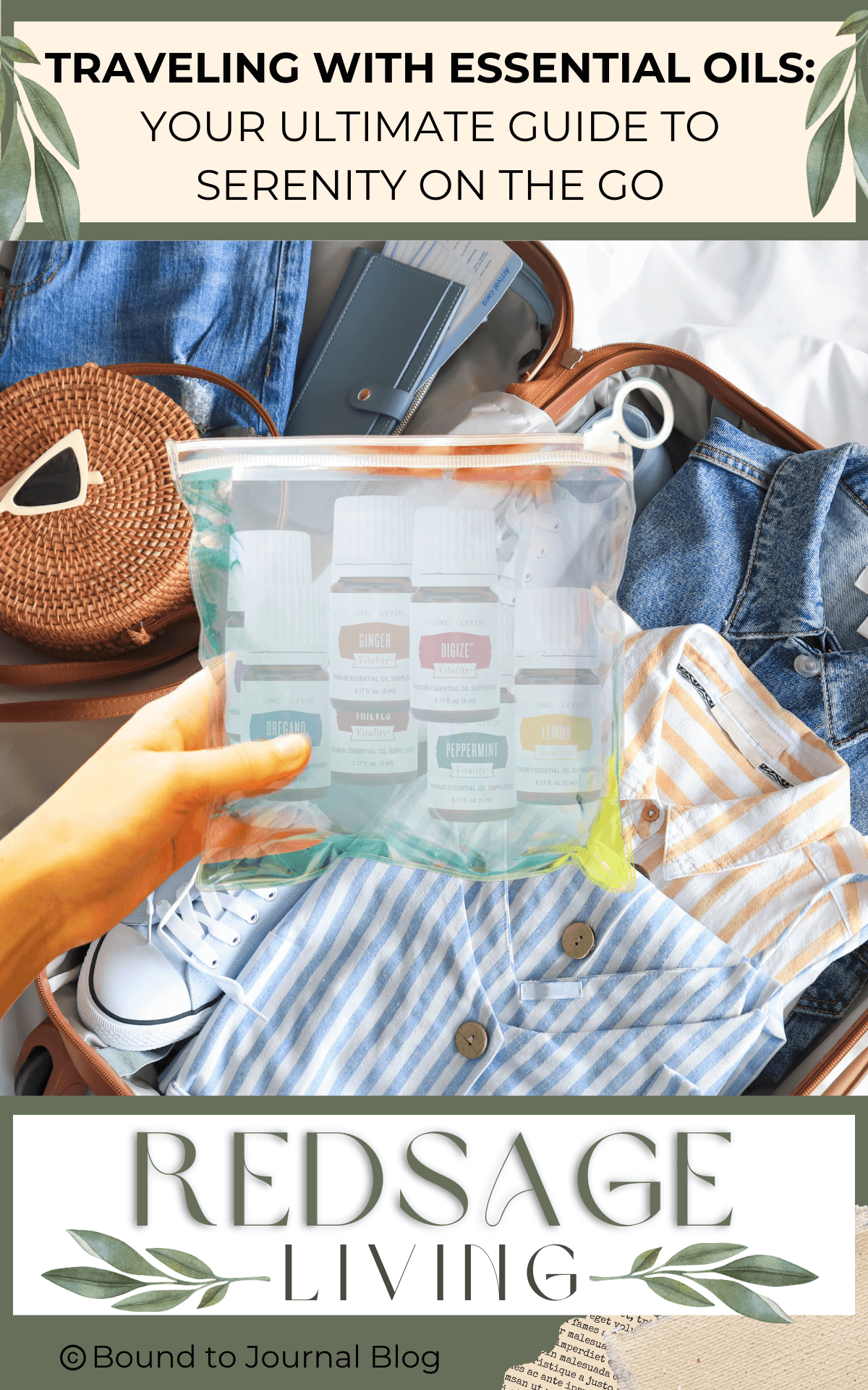 An open suitcase on a bed and a hand holding a clear travel container for liquids filled with young living essential oils in her hand about to add them to her suitcase for our Bound to Journal blog post titled Traveling with Essential Oils: Your Ultimate Guide to Serenity on the Go