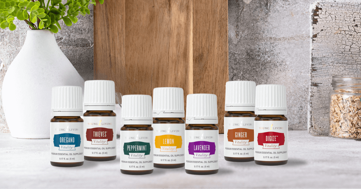  Seven Young Living vitality essential Oils sitting on a counter top  for our Bound to Journal blog post titled Traveling with Essential Oils: Your Ultimate Guide to Serenity on the Go