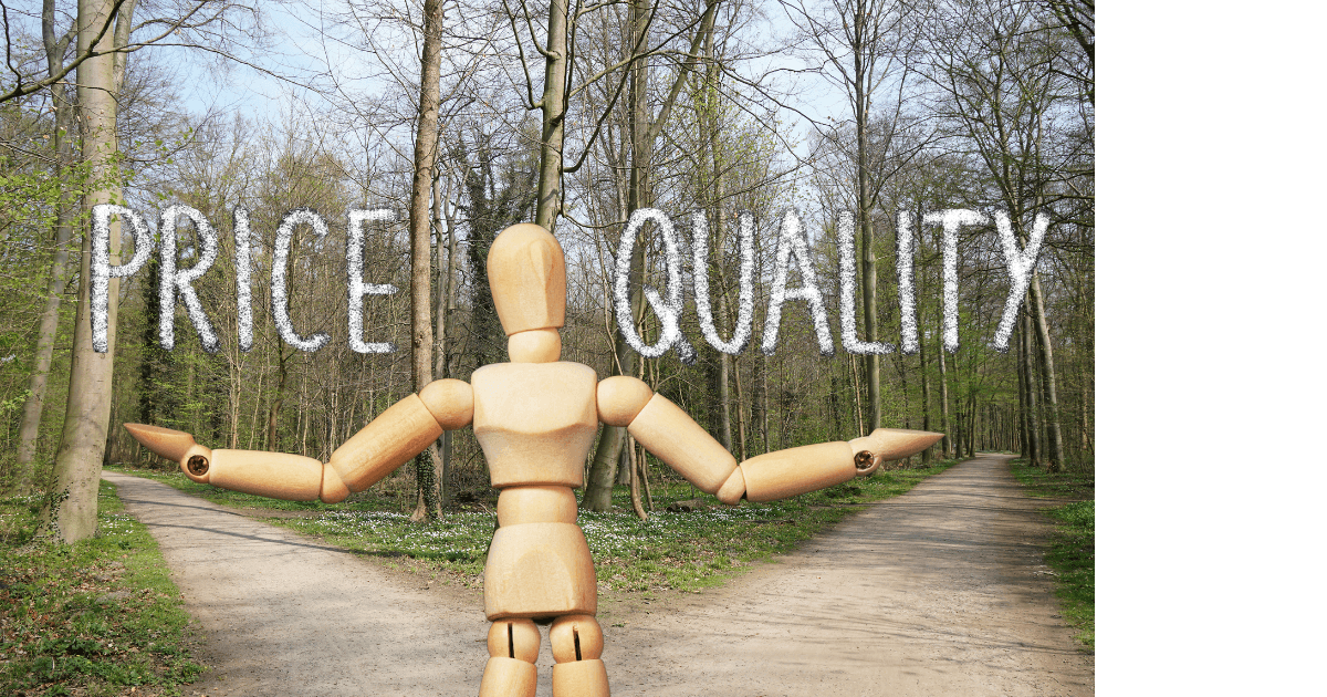  A wooden drawing manican standing at the split of two walking paths.  His arms are outstretched. Over one arm says Price and the other says Quality for a Bound to Journal blog post titled Navigating the Essential Oil Labyrinth: Empowering Yourself as a Confident Consumer