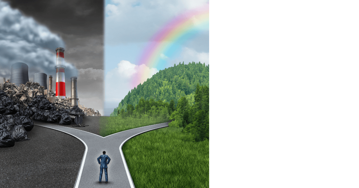  A graphic of a person standing in front of a cross roads where one side goes to industrial dirty and toxic environment and the other goes to lush green grasses and trees with blue sky and rainbow for a Bound to Journal blog post titled Navigating the Essential Oil Labyrinth: Empowering Yourself as a Confident Consumer