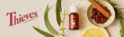 A bottle of young Living thieves essential oil laying next to a plant, a lemon slice, a stick of cinnamon, a dish of cloves, and the word Thieves to the side for a Bound to Journal Blog post titled Thieves Household Cleaner: Your Year-Round Solution for Safe, Natural Cleaning
