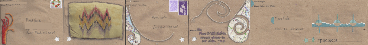 The front and back of three envelopes that corresponded with the themed epistolary journal weekly project for a new Bound to Journal blog post titled "The Transformative Journey of Journaling: My Letters to Mary"