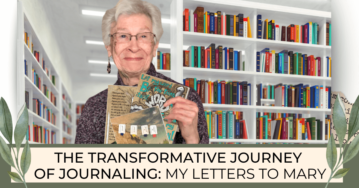 Mary Gotz in a public library space holding three of my 'Letters to Mary' from my year long epistolary artistic journaling project for a new Bound to Journal blog post titled "The Transformative Journey of Journaling: My Letters to Mary"
