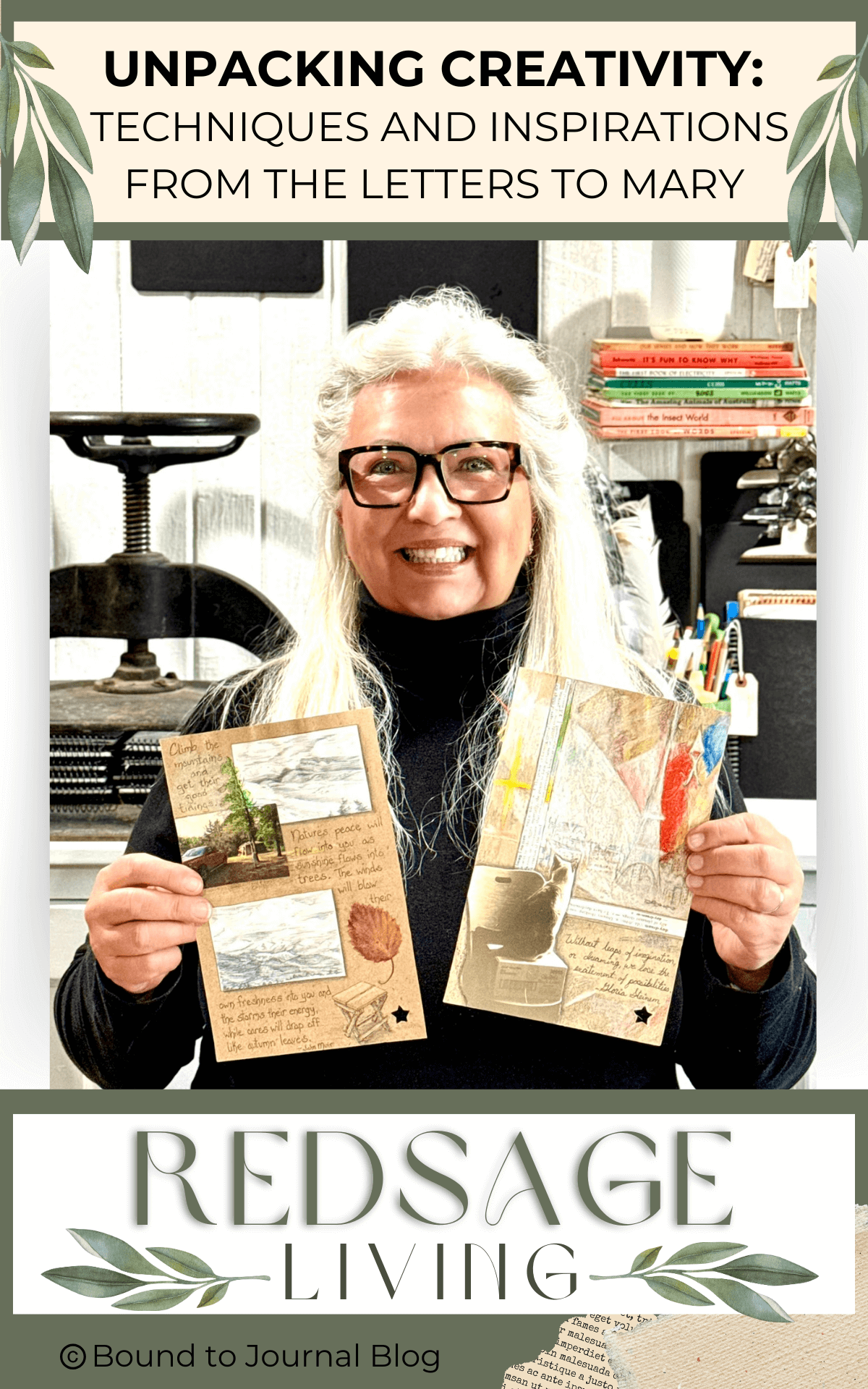 Lisa from Bound to Journal holding four examples of her Letters to Mary for the blog titled "Unpacking Creativity: Techniques and Inspirations from the Letters to Mary"