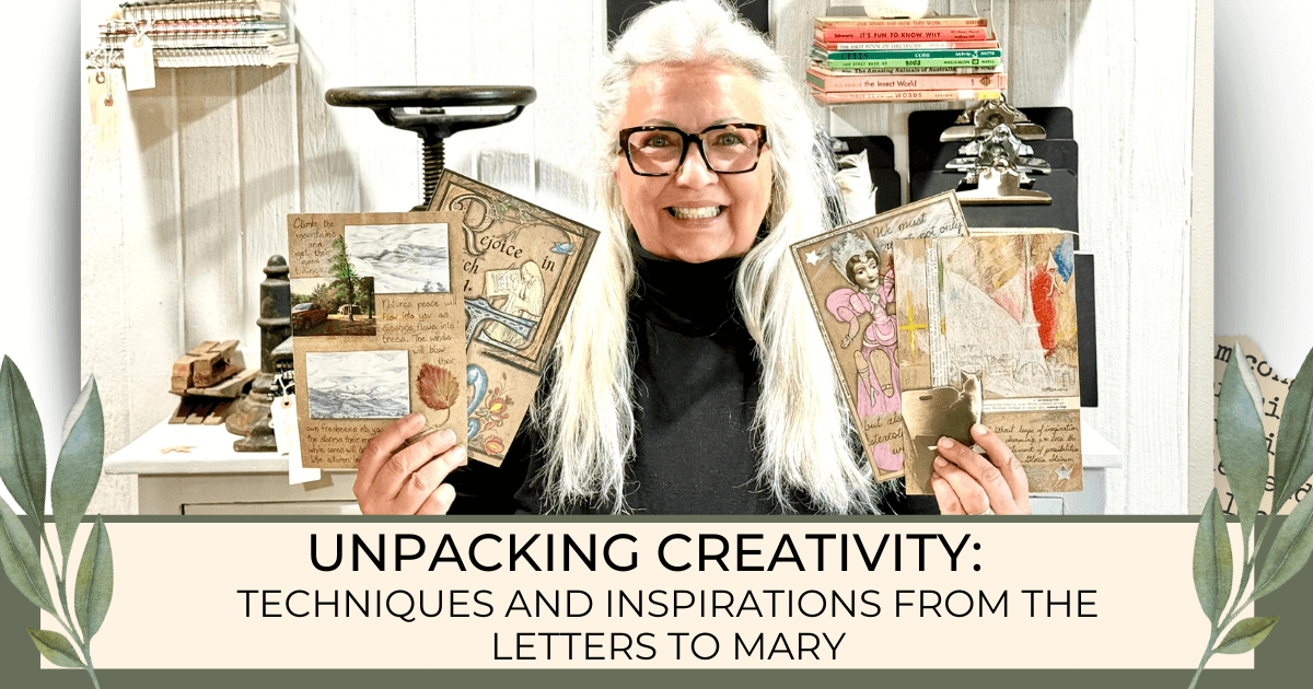 Lisa from Bound to Journal holding four examples of her Letters to Mary for the blog titled "Unpacking Creativity: Techniques and Inspirations from the Letters to Mary"