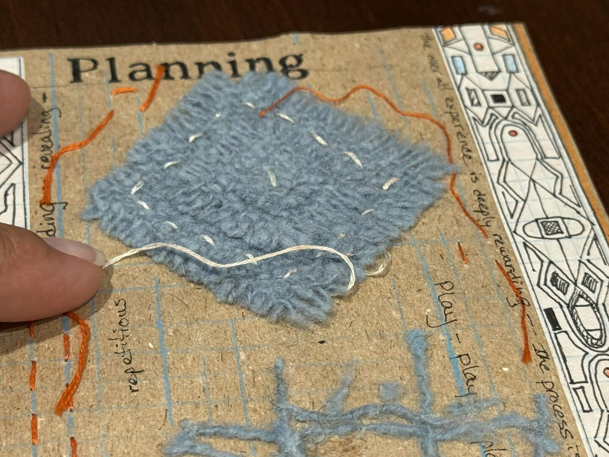 Closeup view of a journal page from the Letters to Mary with textured and stitched layers of fabric and a finger moving a thread, geometric line drawing, and words for a Bound to Journal blog post titled Amplifying the Benefits of Journaling: Engaging Your Senses