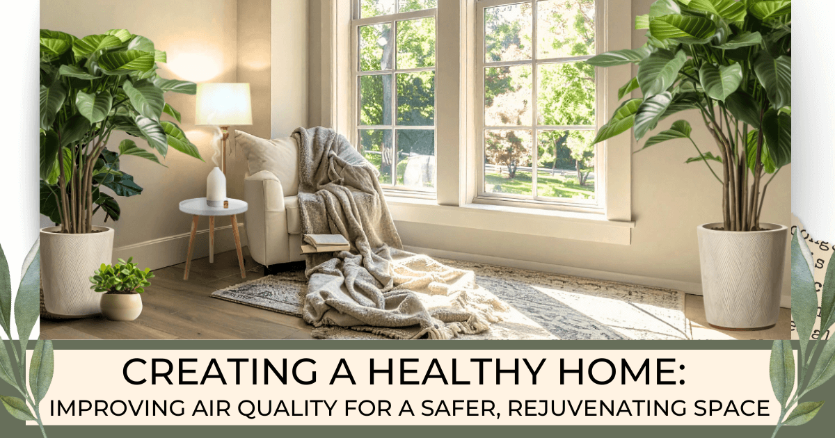 A comfy chair, with an aphgan, and journal sitting next to a lamp and an end table with a diffuser and essential oil next to two large windows with a beautiful garden and trees outdoors and more plants indoors for a new Bound to Journal blog post titled Creating a Healthy Home: Improving Air Quality for a Safer, Rejuvenating Space