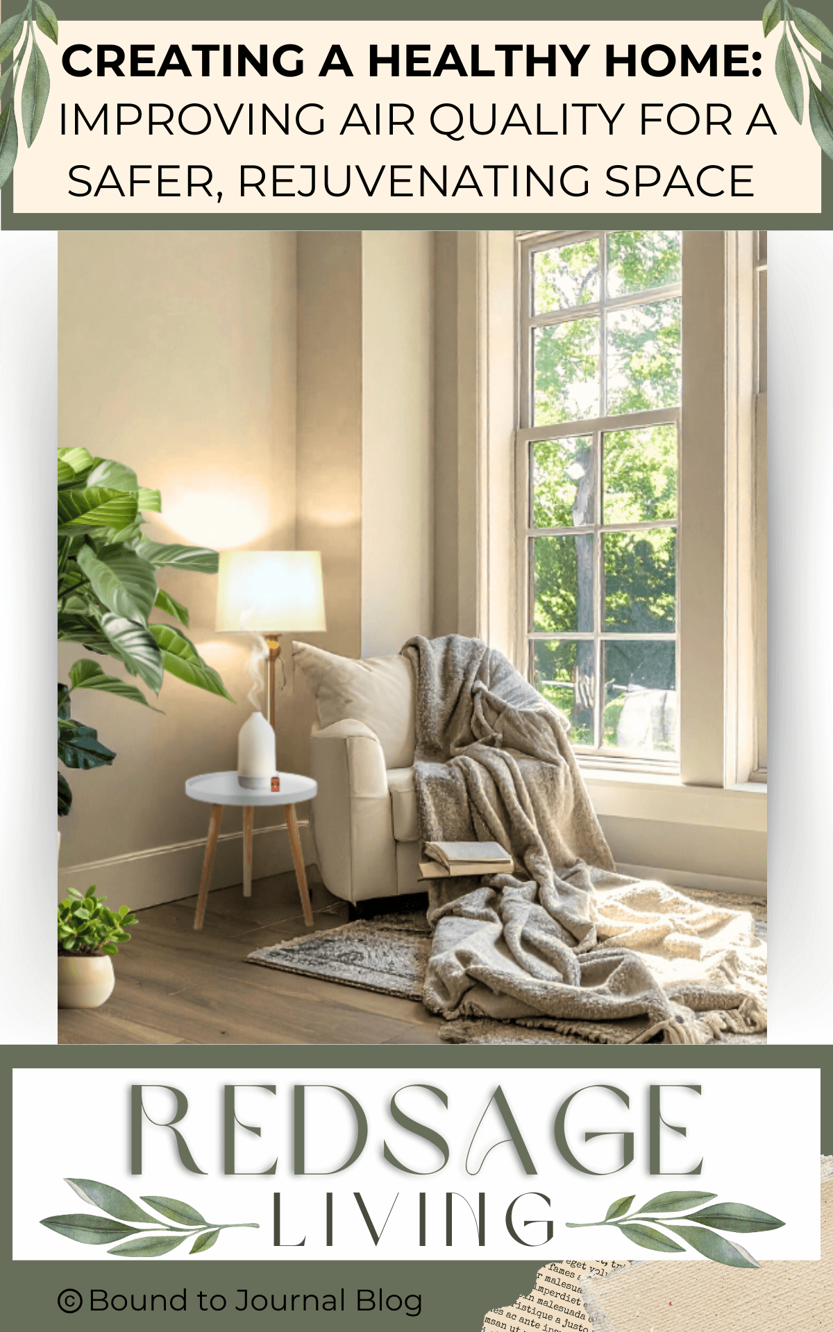 A comfy chair, with an aphgan, and journal sitting next to a lamp and an end table with a diffuser and essential oil next to two large windows with a beautiful garden and trees outdoors and more plants indoors for a new Bound to Journal blog post titled Creating a Healthy Home: Improving Air Quality for a Safer, Rejuvenating Space
