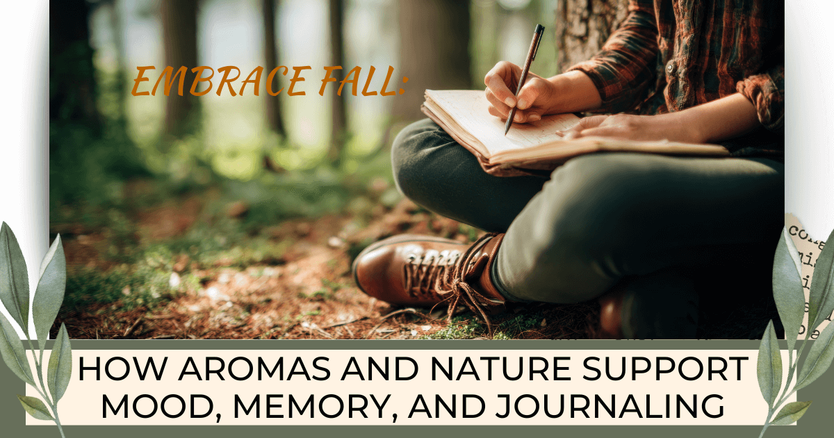 Person sitting on the forest floor journaling for a Bound to Journal blog post titled, "Embrace Fall: How Aromas and Nature Support Mood, Memory, and Journaling."