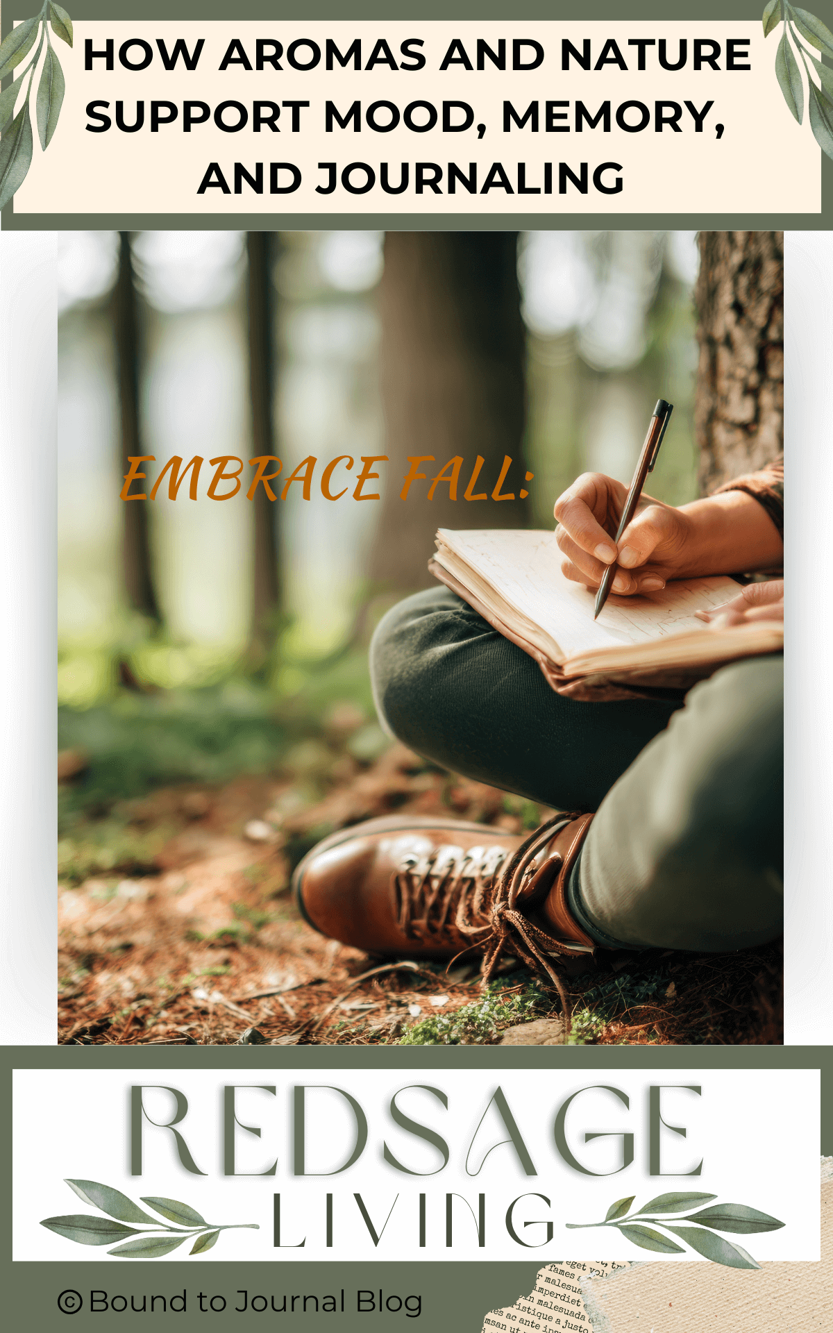 Person sitting on the forest floor journaling for a Bound to Journal blog post titled, "Embrace Fall: How Aromas and Nature Support Mood, Memory, and Journaling."