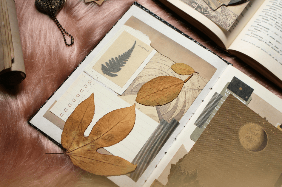 An open journal on a fabric fur cloth, the journal has dried leaves and mixed images glued and taped on  for a Bound to Journal blog post titled Reignite Your Passions: Journaling & Creativity for Aging Gracefully