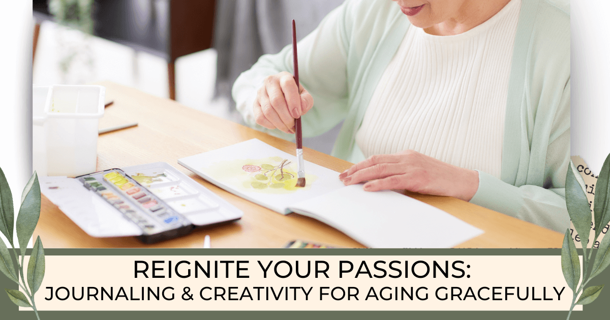 Woman sitting at a table with an open journal, holding a paint brush, next to her is an open watercolor palette and colored pencils for a Bound to Journal blog post titled Reignite Your Passions: Journaling & Creativity for Aging Gracefully