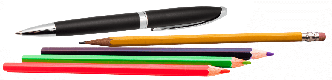  a pen, pencil, and 3 colored pencils of the guided journal titled "Find Your Voice, Live Your Purpose" for blog post titled Guided Journaling: Your Path from Insight to Action