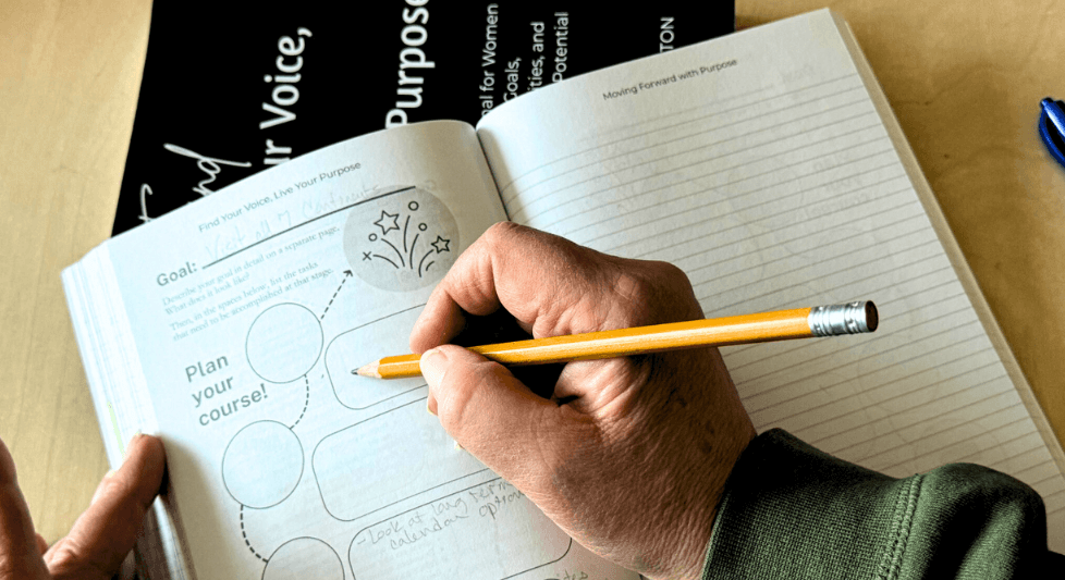  A pencil in hand writing into a mind mapping page of the guided journal titled "Find Your Voice, Live Your Purpose" for blog post titled Guided Journaling: Your Path from Insight to Action