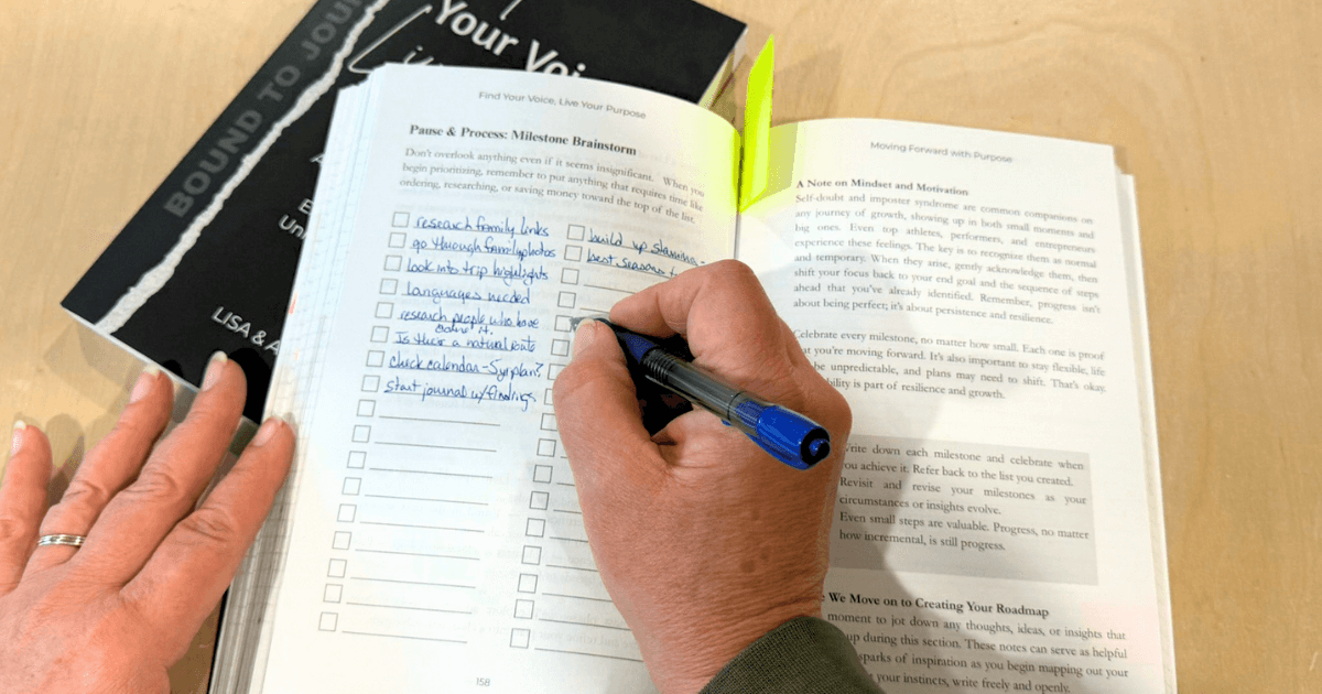  A hand writing on milestone list page of the guided journal titled "Find Your Voice, Live Your Purpose" for blog post titled Guided Journaling: Your Path from Insight to Action