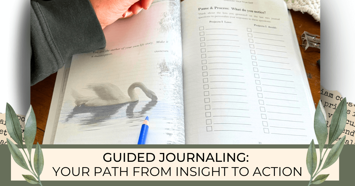 Colored pencil work on a pause page swan with the opposite page showing a list format of the guided journal titled "Find Your Voice, Live Your Purpose" for blog post titled Guided Journaling: Your Path from Insight to Action