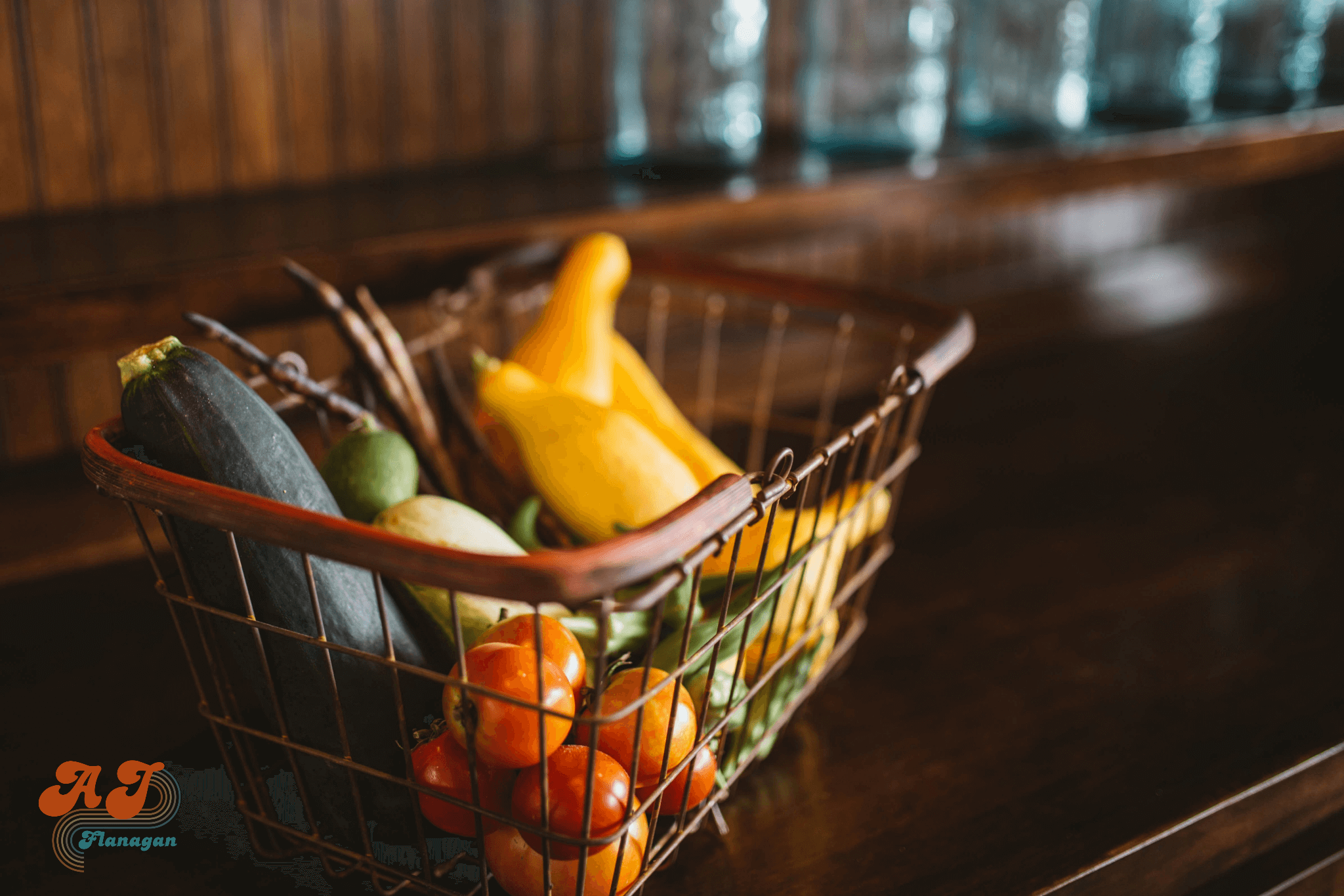 Basket of fresh produce on a kitchen counter