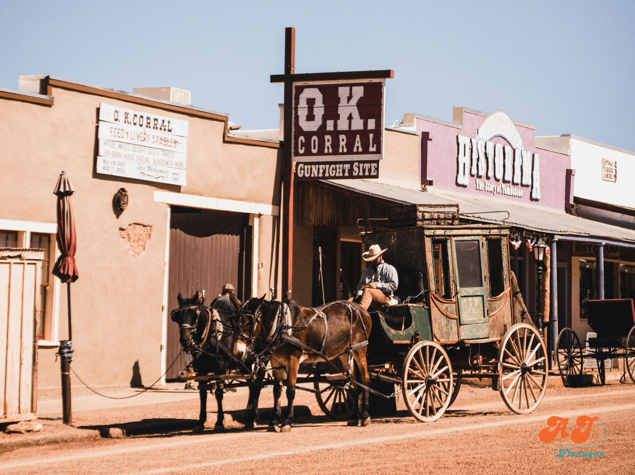 Horse drawn antique stagecoach in from of the OK Corral