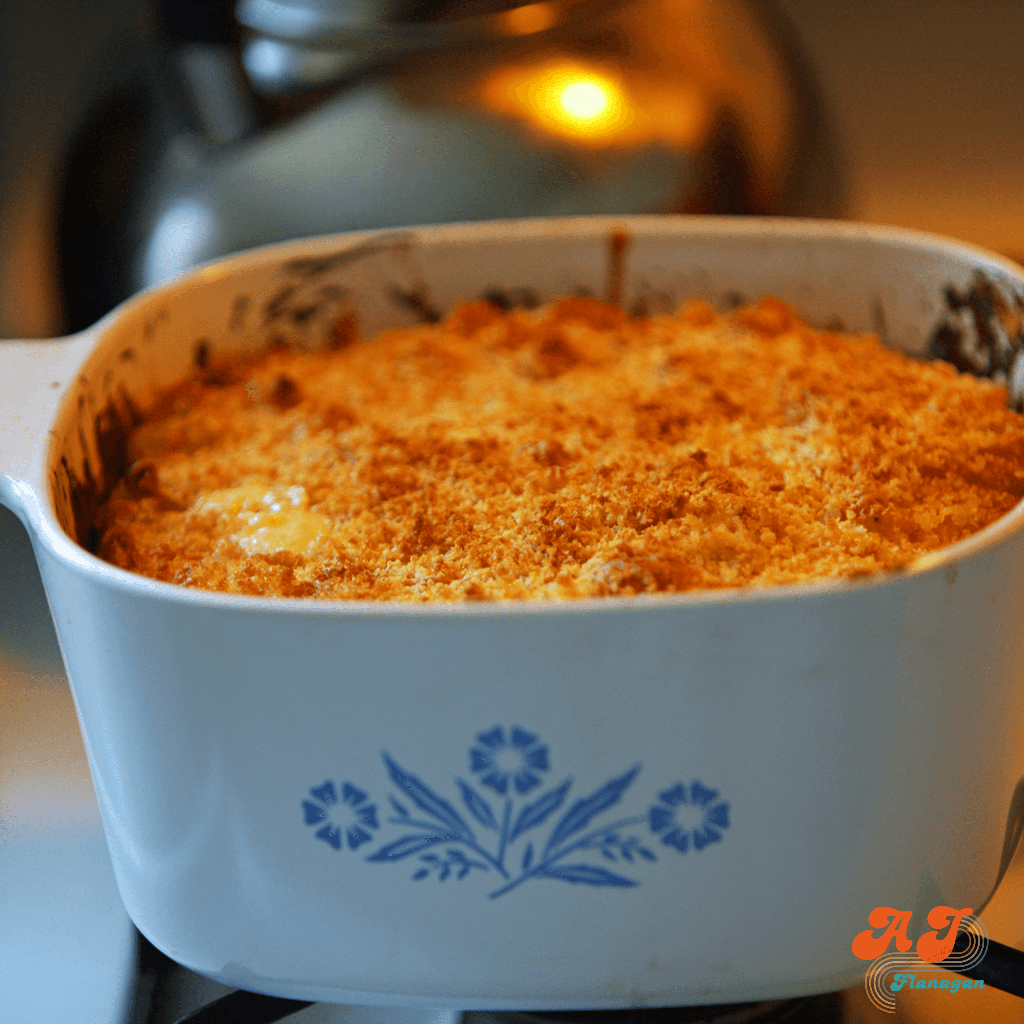 Nostalgic photo of a Casserole dish filled with dinner fresh out of the oven