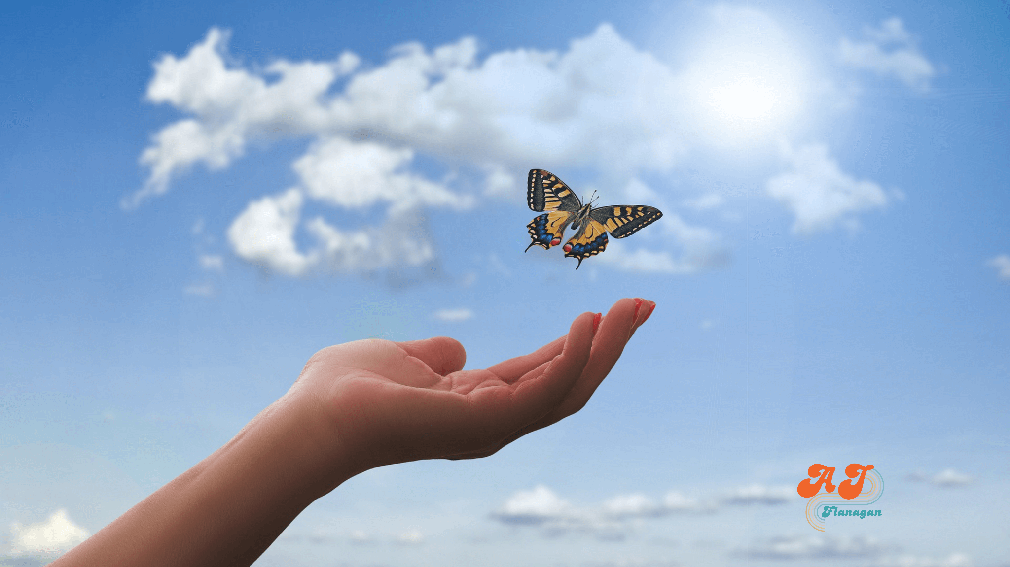 A hand releasing a pretty butterfly into the blue sky with light clouds