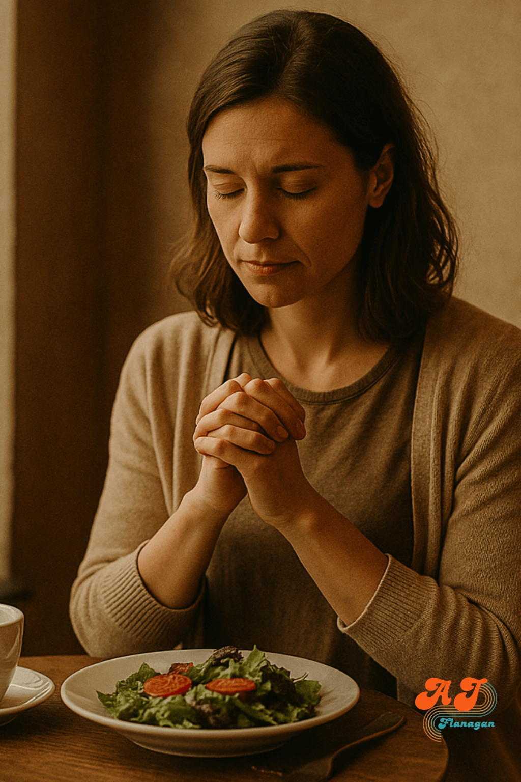  Woman quietly praying over her meal in a small cafe